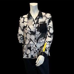 Three Floor White and Black Floral Blouse Size 8 SKU 7TF-306